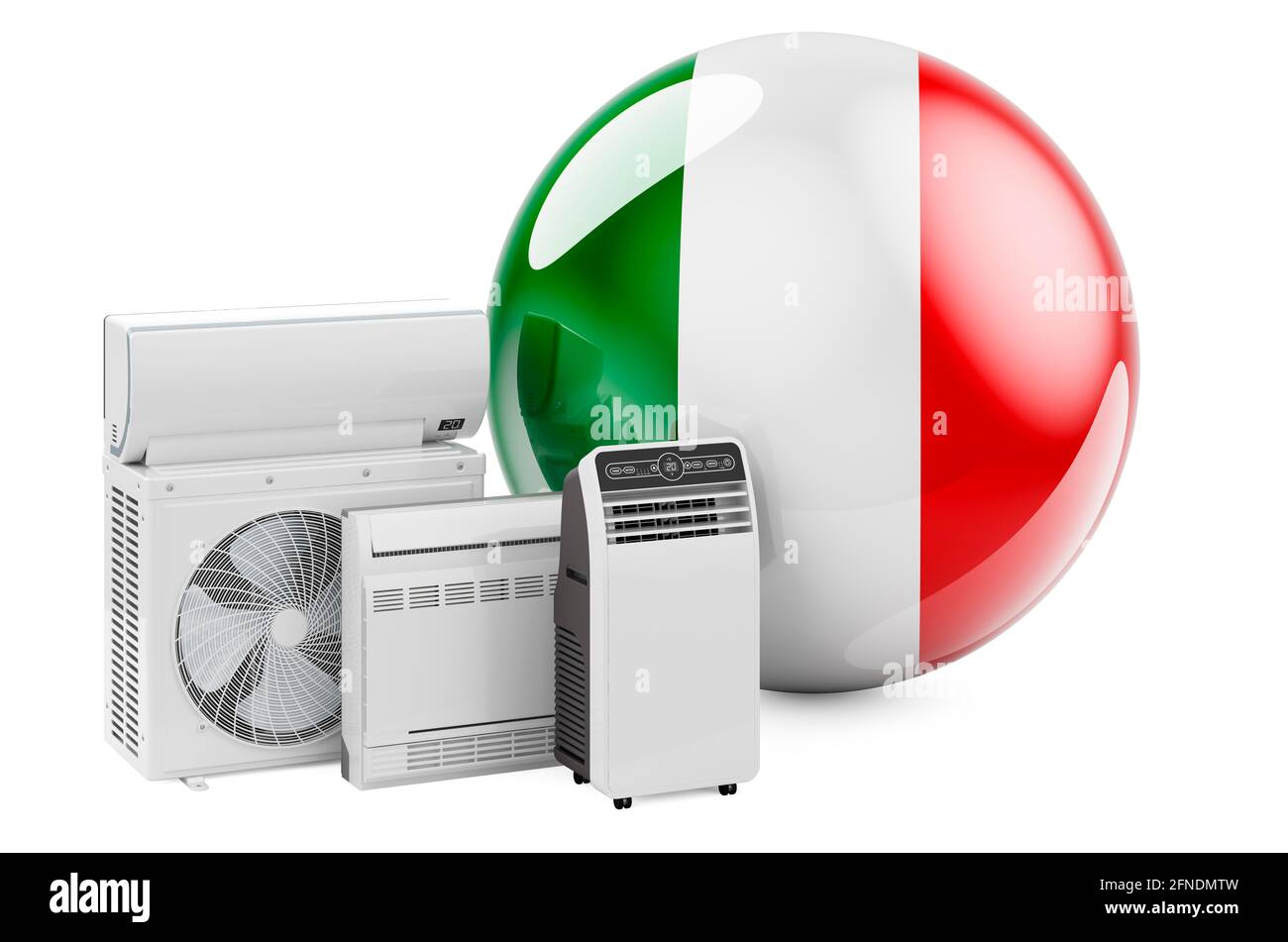 Bandiera italiana con dispositivi elettrici per il raffreddamento e il clima. Produzione, commercio e servizio di condizionatori d'aria in Italia, rendering 3D isolato su whit Foto Stock