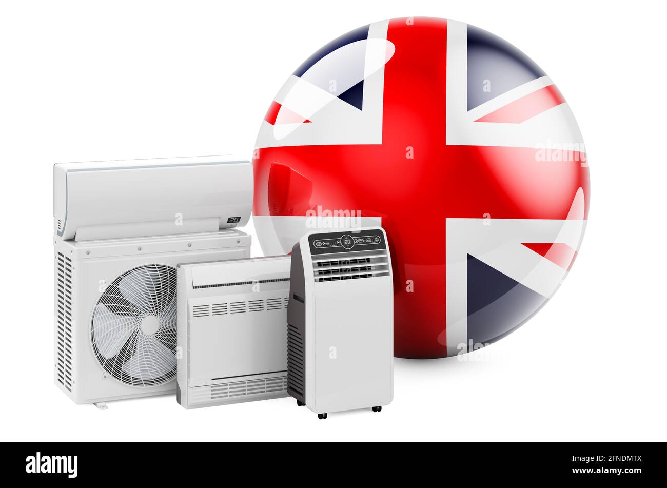 Bandiera britannica con dispositivi elettrici per il raffreddamento e il clima. Produzione, commercio e servizio di condizionatori d'aria in Gran Bretagna, 3D rendering isol Foto Stock