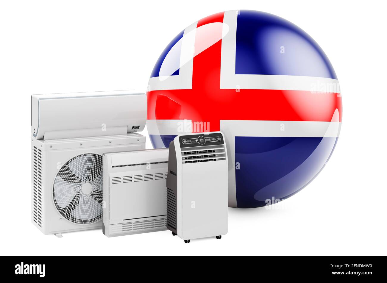 Bandiera islandese con dispositivi elettrici per il raffreddamento e il clima. Produzione, commercio e servizio di condizionatori d'aria in Islanda, rendering 3D isolato su Foto Stock