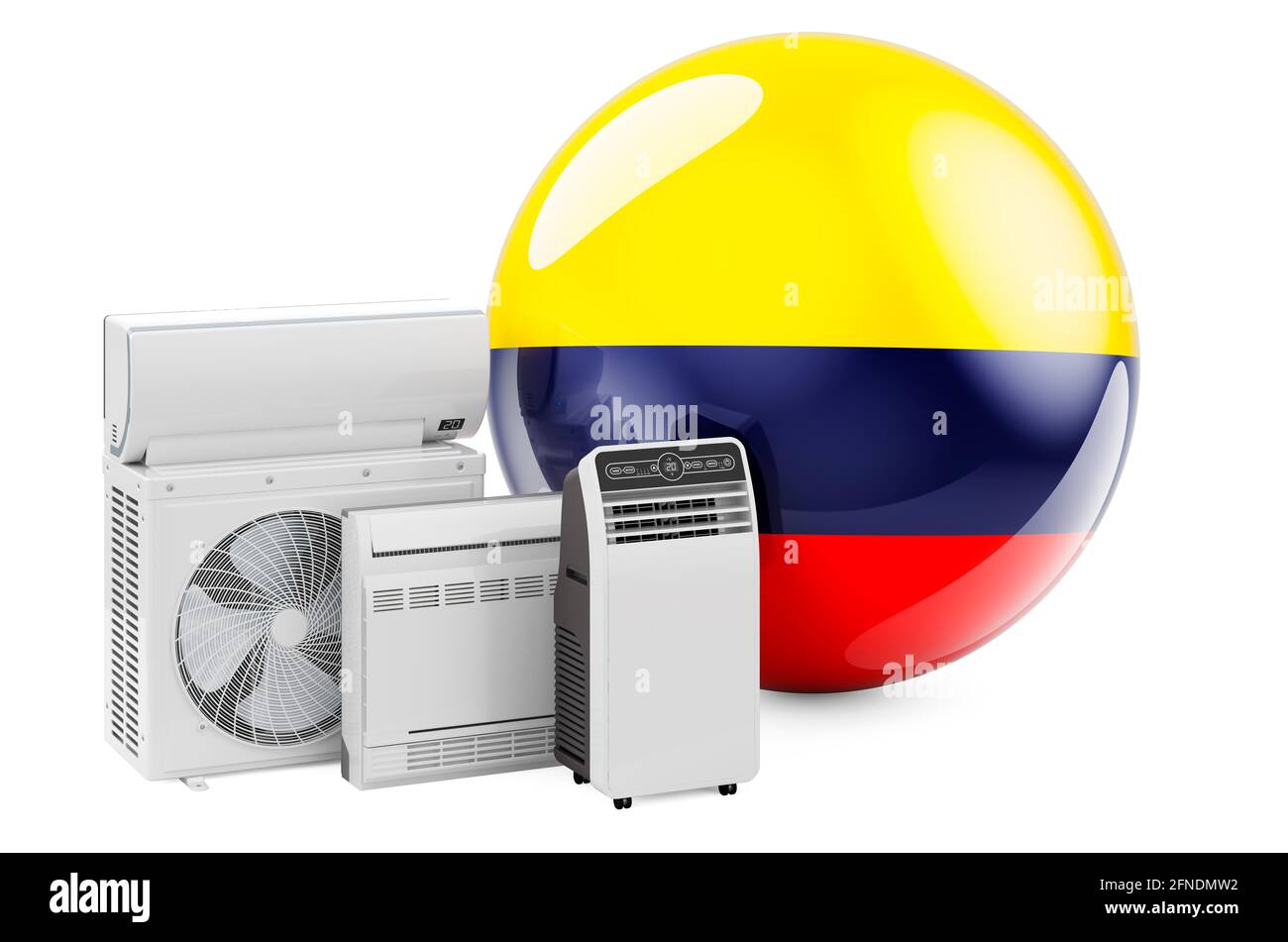 Bandiera colombiana con dispositivi elettrici per il raffreddamento e il clima. Produzione, commercio e servizio di condizionatori d'aria in Colombia, rendering 3D isolato su Foto Stock
