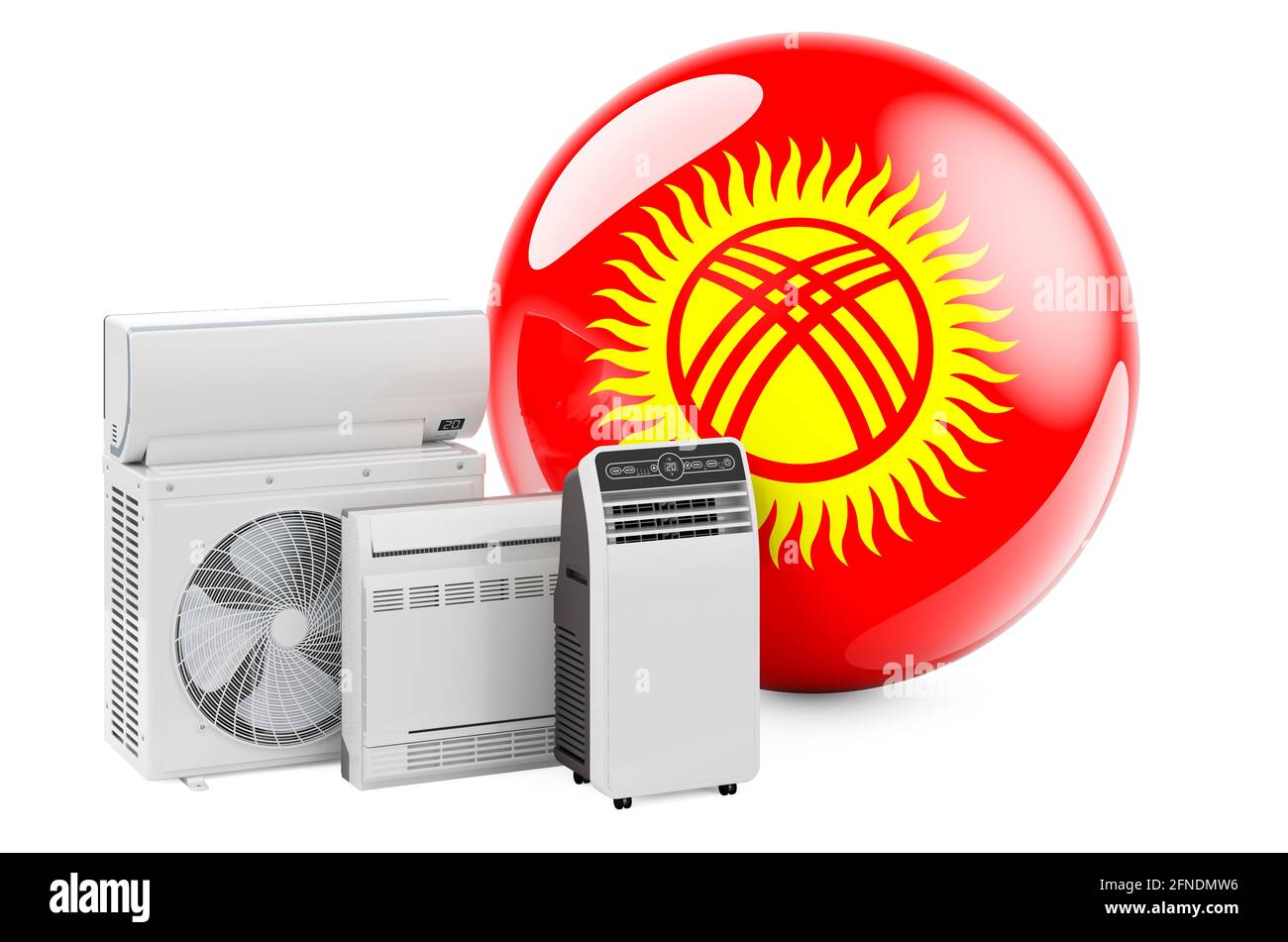 Bandiera del Kirghizistan con dispositivi elettrici di raffreddamento e climatizzazione. Produzione, commercio e servizio di condizionatori d'aria in Kirghizistan, rendering 3D isolato su Foto Stock