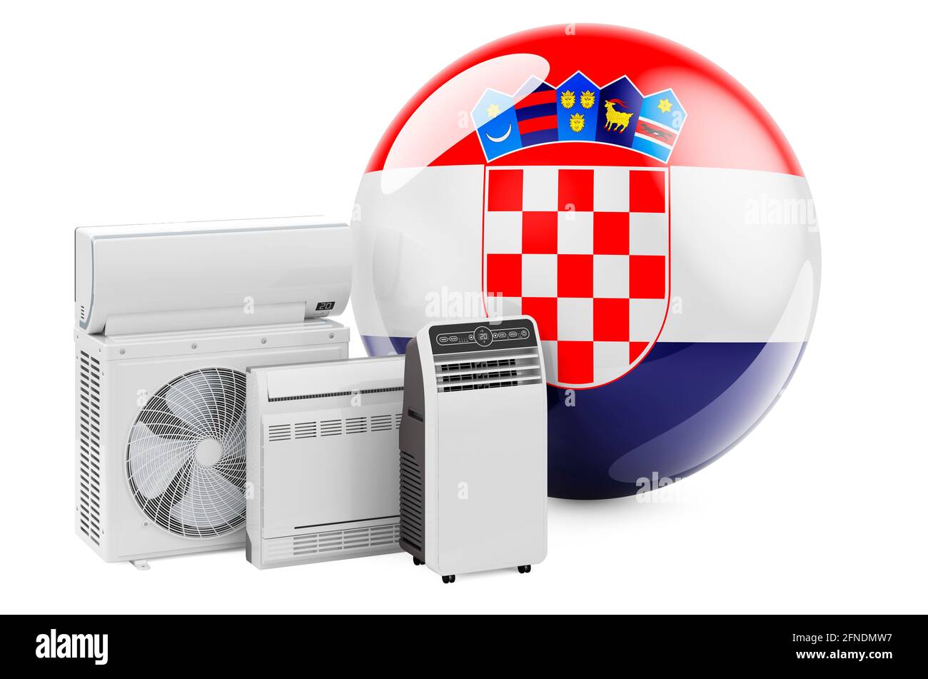 Bandiera croata con dispositivi elettrici per il raffreddamento e il clima. Produzione, commercio e servizio di condizionatori d'aria in Croazia, rendering 3D isolato su w Foto Stock