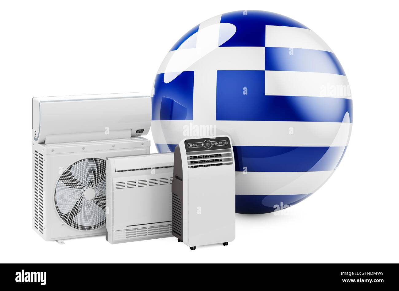 Bandiera greca con dispositivi elettrici per il raffreddamento e il clima. Produzione, commercio e servizio di condizionatori d'aria in Grecia, rendering 3D isolato su bianco Foto Stock