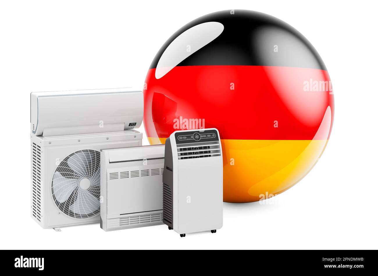Bandiera tedesca con dispositivi elettrici per il raffreddamento e il clima. Produzione, commercio e servizio di condizionatori d'aria in Germania, rendering 3D isolato su WI Foto Stock