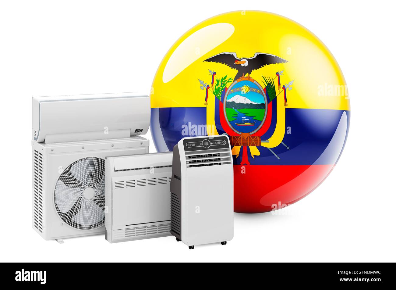Bandiera ecuadoriana con dispositivi elettrici di raffreddamento e clima. Produzione, commercio e servizio di condizionatori d'aria in Ecuador, rendering 3D isolato su Foto Stock