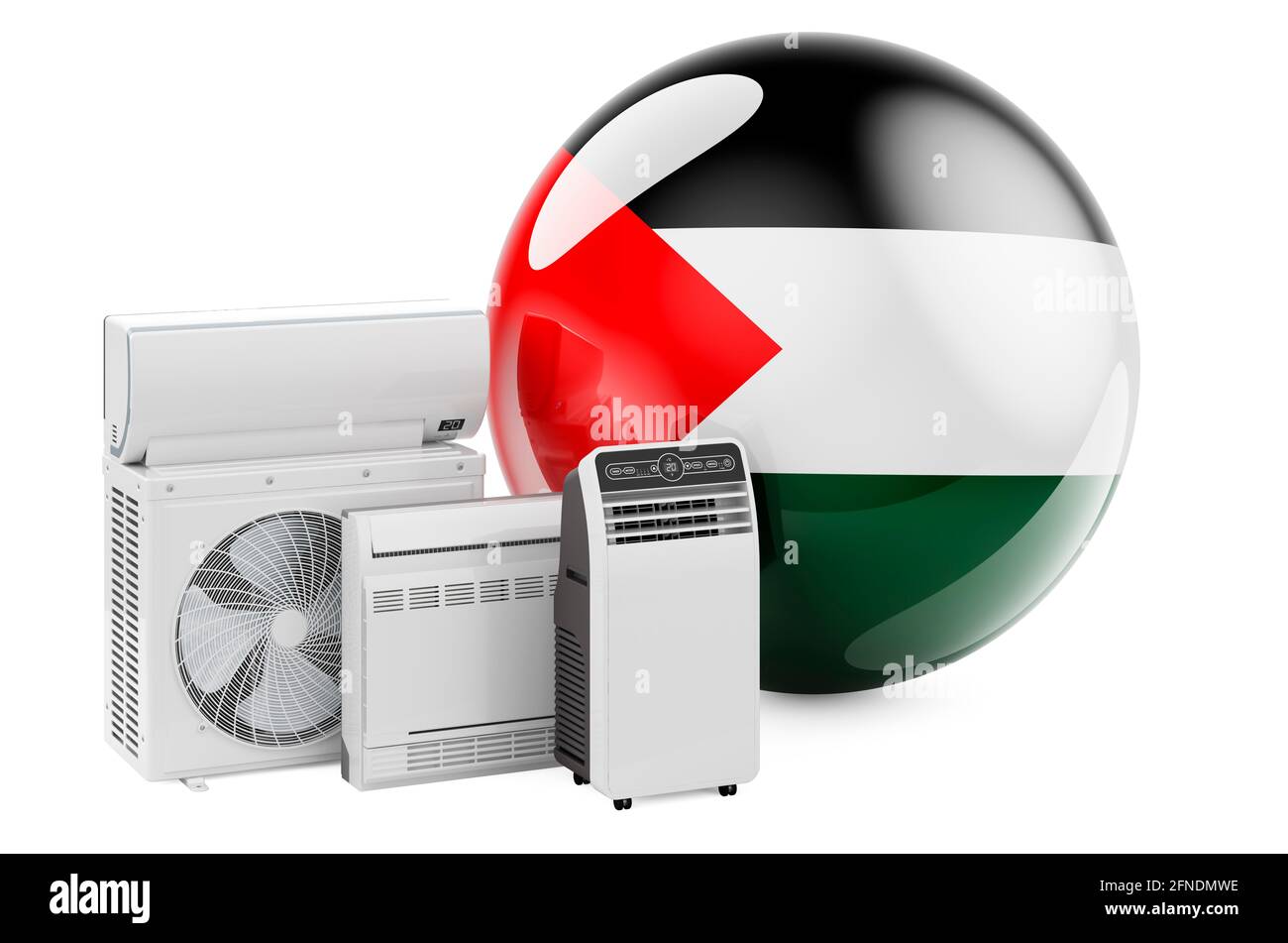Bandiera palestinese con dispositivi elettrici per il raffreddamento e il clima. Produzione, commercio e servizio di condizionatori d'aria in Palestina, rendering 3D isolato Foto Stock