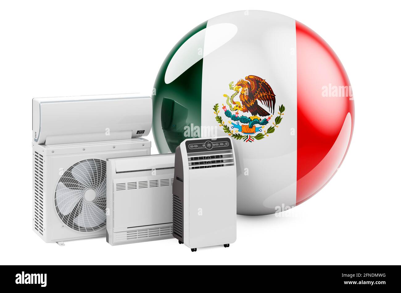Bandiera messicana con dispositivi elettrici per il raffreddamento e il clima. Produzione, commercio e servizio di condizionatori d'aria in Messico, rendering 3D isolato su WI Foto Stock