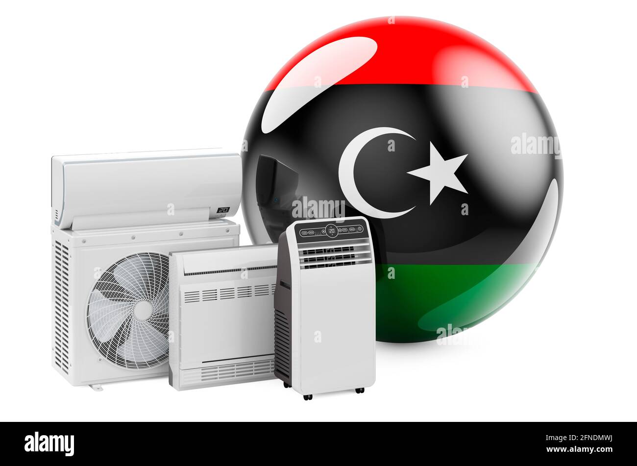 Bandiera libica con dispositivi elettrici per il raffreddamento e il clima. Produzione, commercio e servizio di condizionatori d'aria in Libia, rendering 3D isolato su bianco Foto Stock