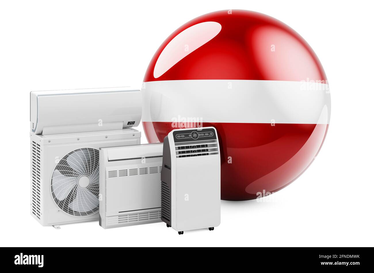 Bandiera lettone con dispositivi elettrici per il raffreddamento e il clima. Produzione, commercio e servizio di condizionatori d'aria in Lettonia, rendering 3D isolato su WI Foto Stock
