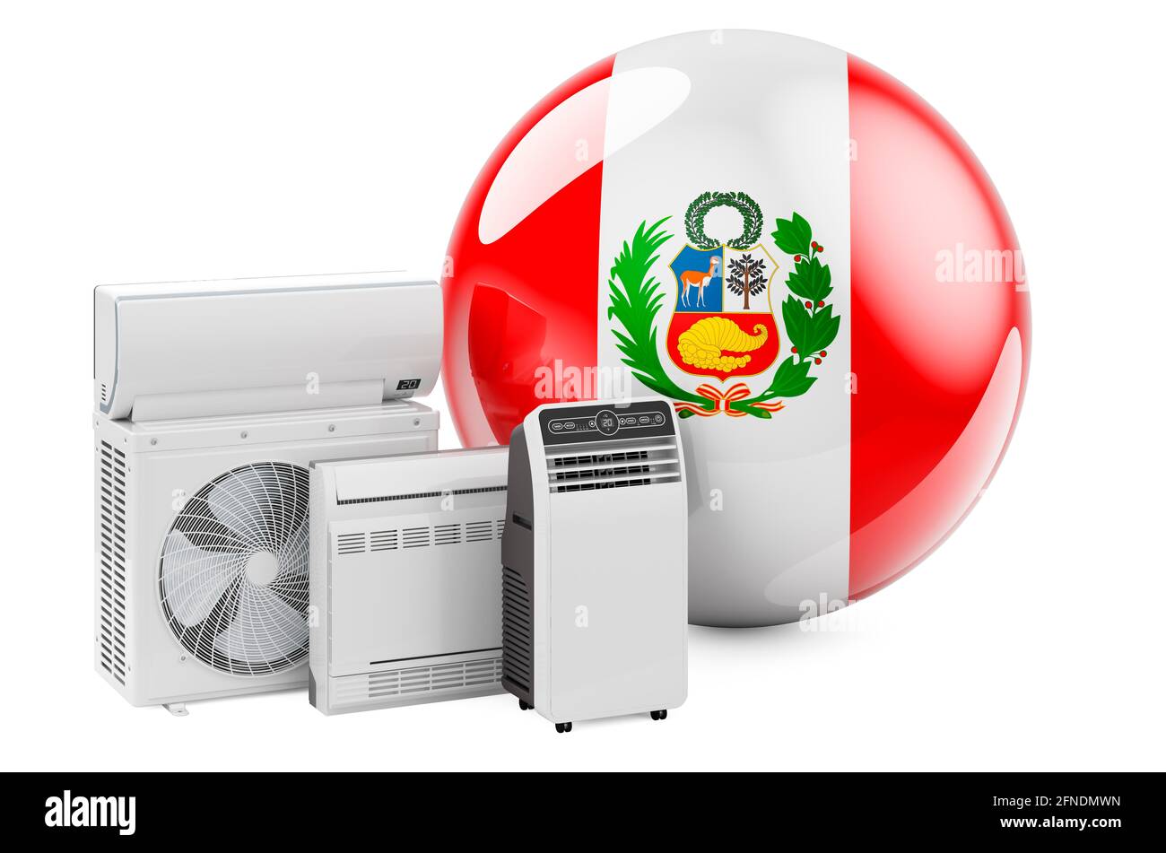 Bandiera peruviana con dispositivi elettrici per il raffreddamento e il clima. Produzione, commercio e servizio di condizionatori d'aria in Perù, rendering 3D isolato su whit Foto Stock