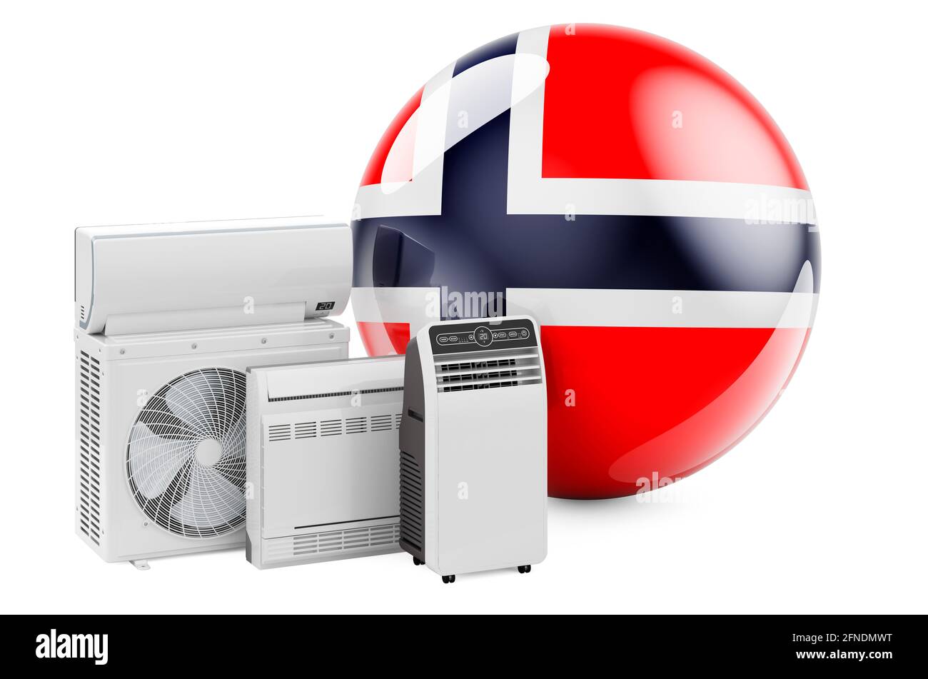 Bandiera norvegese con dispositivi elettrici per il raffreddamento e il clima. Produzione, commercio e servizio di condizionatori d'aria in Norvegia, rendering 3D isolato su w Foto Stock
