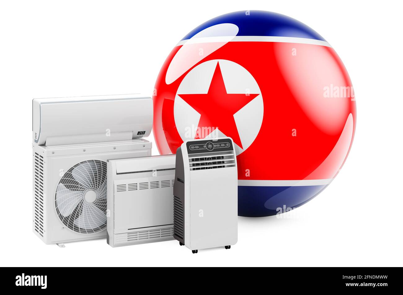 Bandiera della Corea del Nord con dispositivi elettrici di raffreddamento e climatizzazione. Produzione, commercio e servizio di condizionatori d'aria in Corea del Nord, isola di rendering 3D Foto Stock