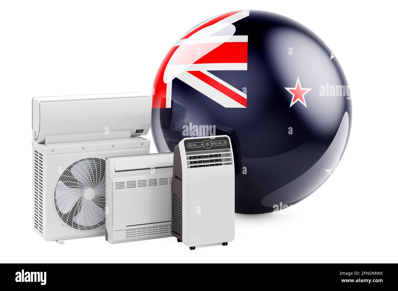 Bandiera neozelandese con dispositivi elettrici di raffreddamento e climatizzazione. Produzione, commercio e assistenza di condizionatori d'aria in Nuova Zelanda, isolat di rendering 3D Foto Stock