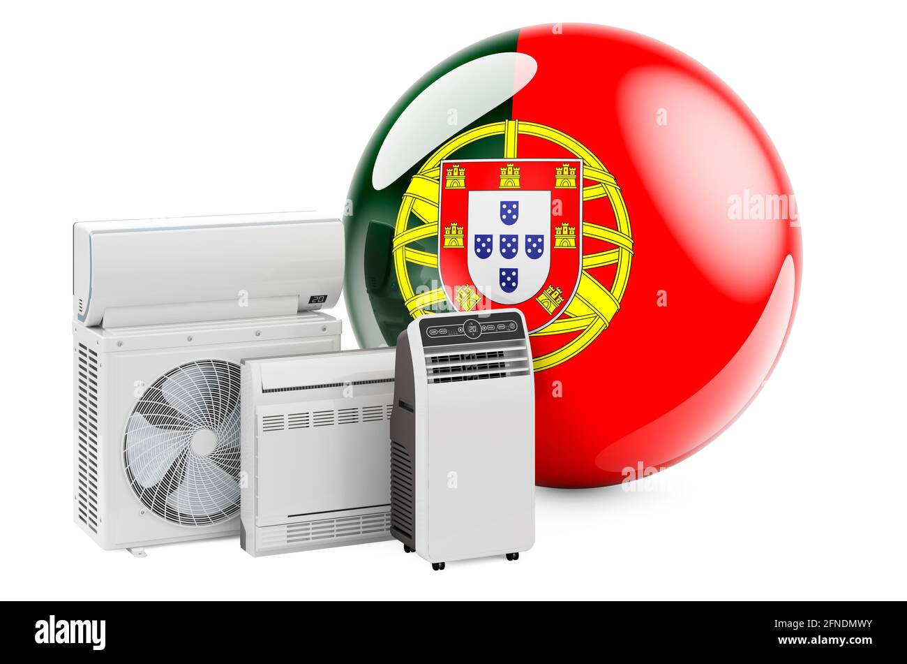 Bandiera portoghese con dispositivi elettrici per il raffreddamento e il clima. Produzione, commercio e servizio di condizionatori d'aria in Portogallo, rendering 3D isolato o Foto Stock