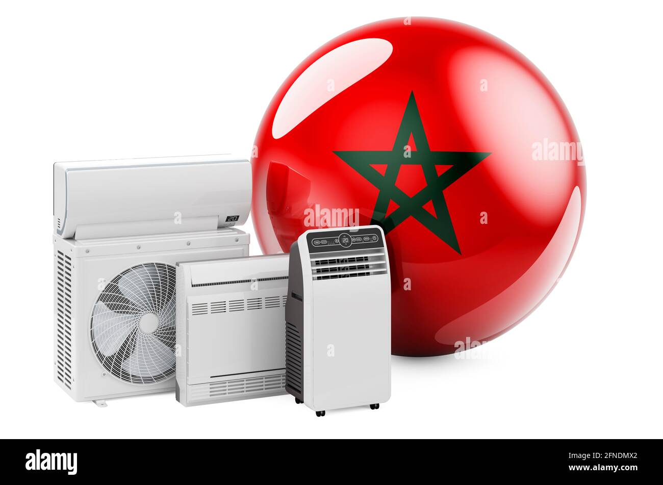 Bandiera marocchina con dispositivi elettrici per il raffreddamento e il clima. Produzione, commercio e servizio di condizionatori d'aria in Marocco, rendering 3D isolato su w Foto Stock