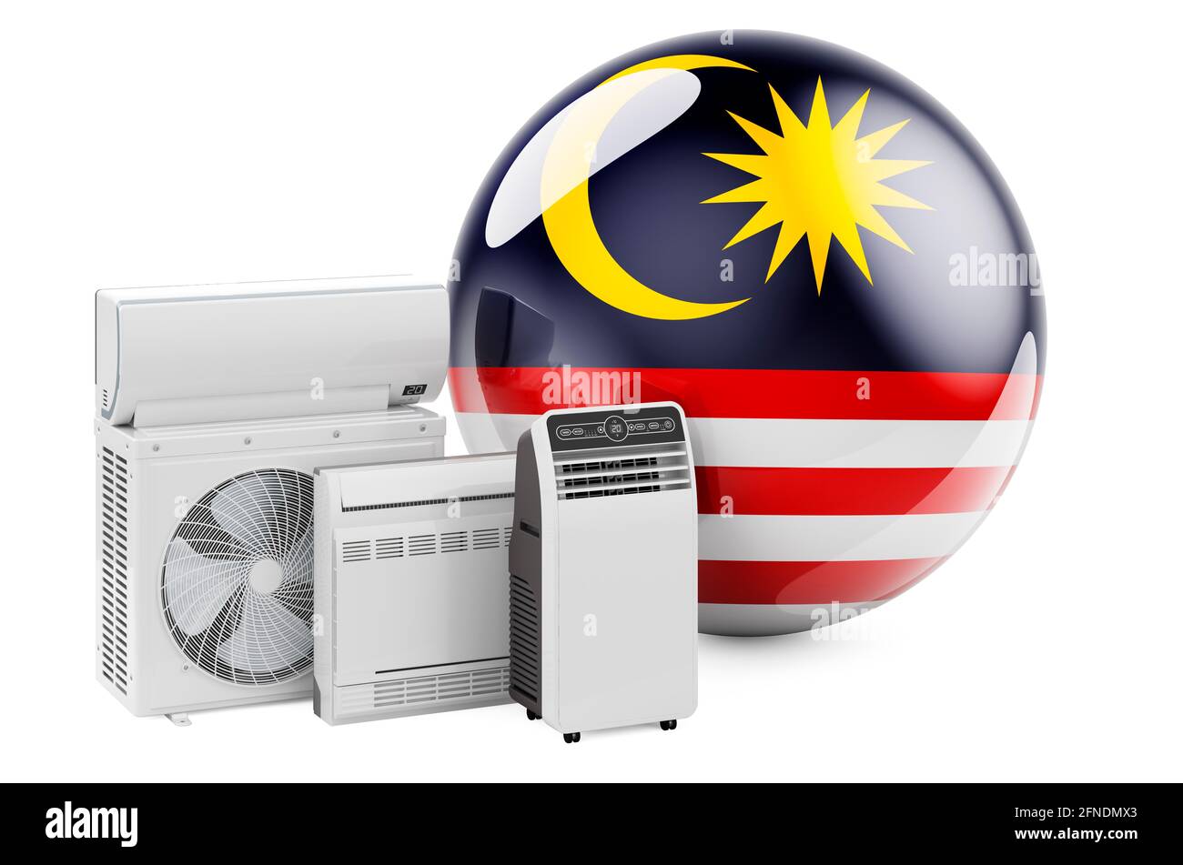 Bandiera malese con dispositivi elettrici per il raffreddamento e il clima. Produzione, commercio e servizio di condizionatori d'aria in Malesia, rendering 3D isolato su Foto Stock