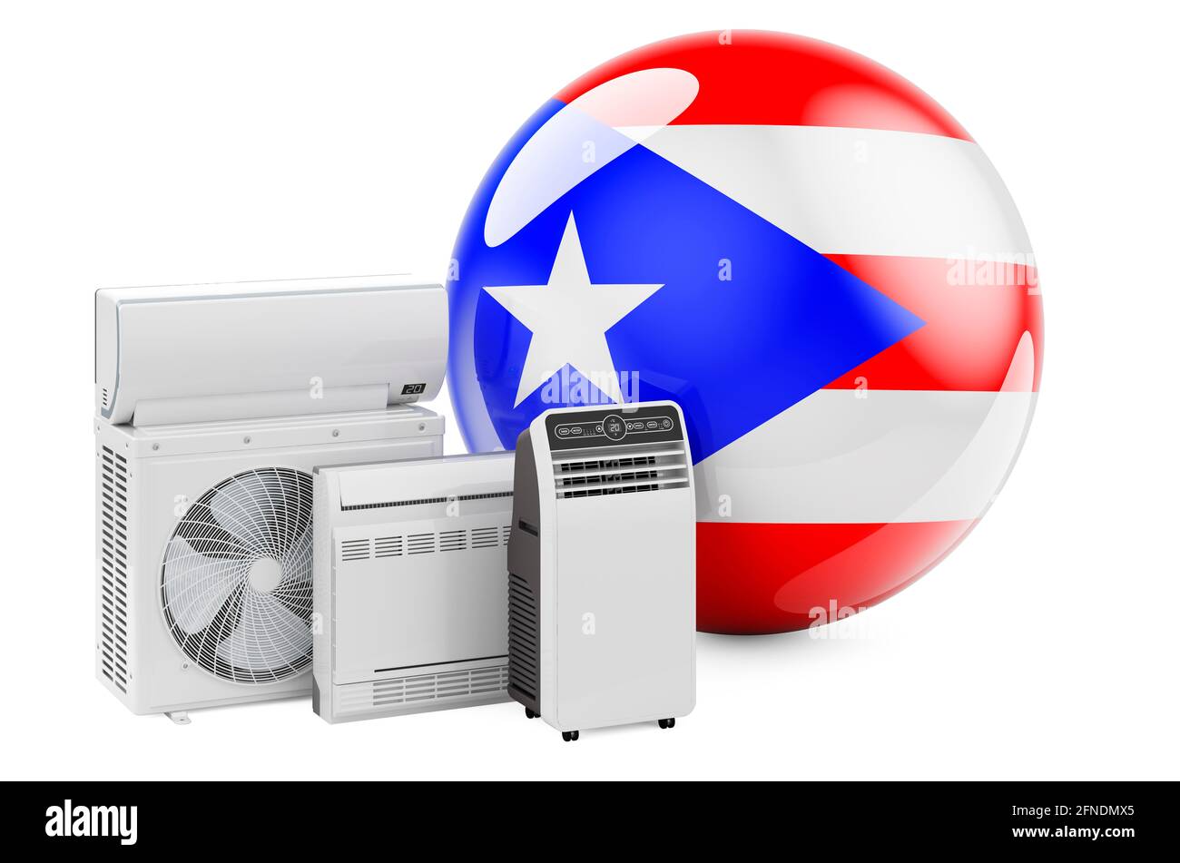 Bandiera portoricana con dispositivi elettrici per il raffreddamento e il clima. Produzione, commercio e servizio di condizionatori d'aria a Porto Rico, isola di rendering 3D Foto Stock