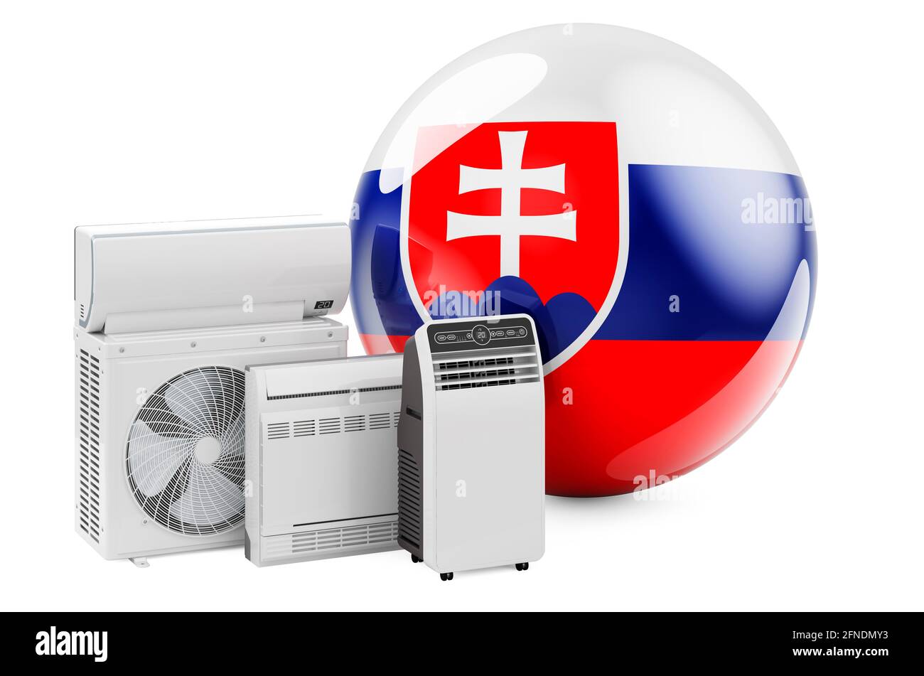 Bandiera slovacca con dispositivi elettrici di raffreddamento e climatizzazione. Produzione, commercio e servizio di condizionatori d'aria in Slovacchia, rendering 3D isolato su wh Foto Stock