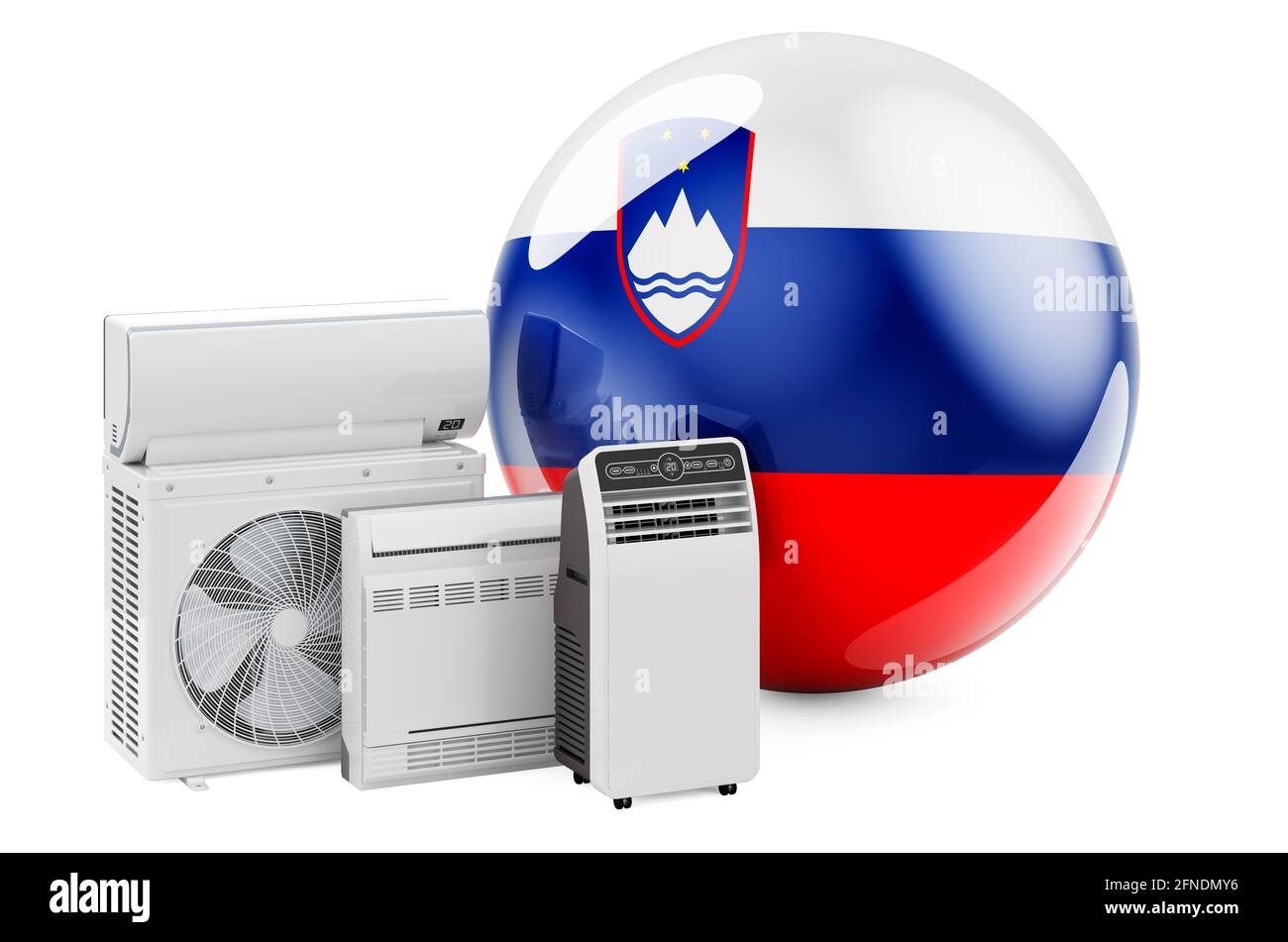 Bandiera slovena con dispositivi elettrici di raffreddamento e climatizzazione. Produzione, commercio e servizio di condizionatori d'aria in Slovenia, rendering 3D isolato su Foto Stock