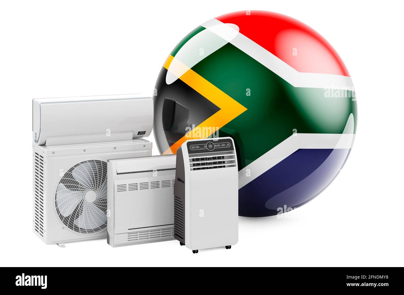 Bandiera sudafricana con dispositivi elettrici per il raffreddamento e il clima. Produzione, commercio e servizio di condizionatori d'aria in Sud Africa, rendering 3D iso Foto Stock