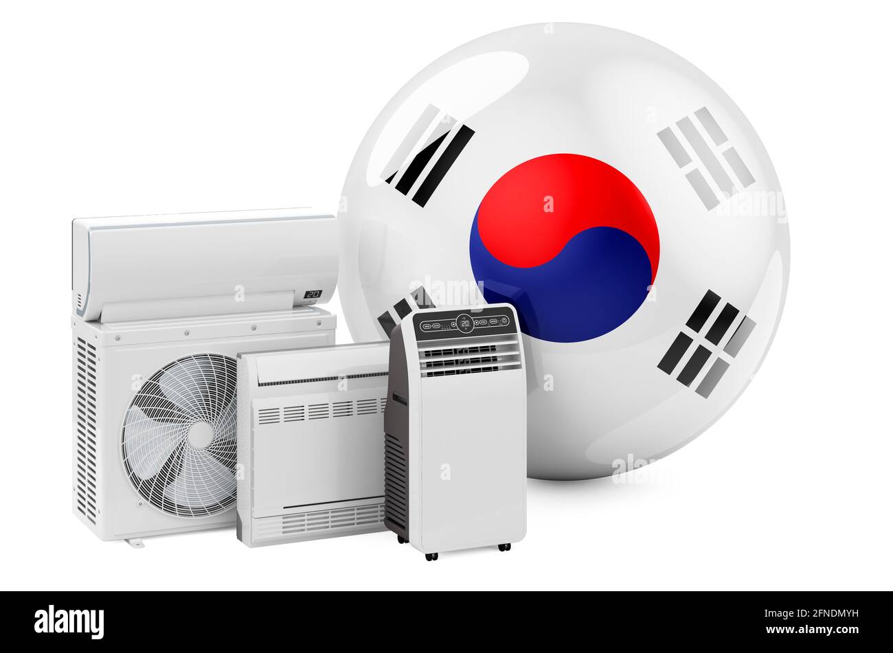 Bandiera della Corea del Sud con dispositivi elettrici per il raffreddamento e il clima. Produzione, commercio e servizio di condizionatori d'aria in Corea del Sud, isola di rendering 3D Foto Stock