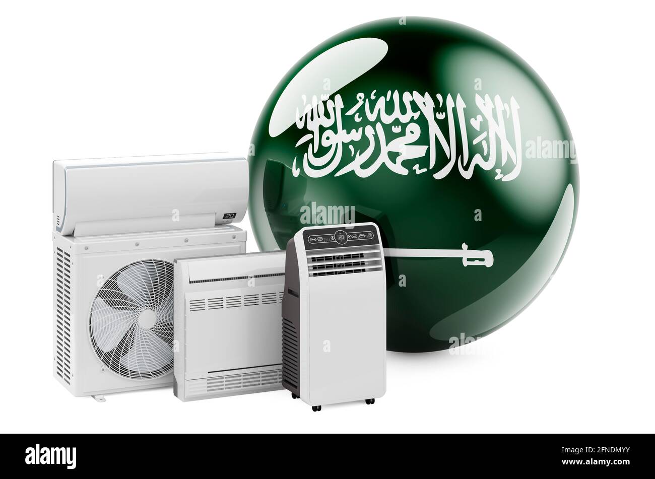 Bandiera Saudita con dispositivi elettrici per il raffreddamento e il clima. Produzione, commercio e servizio di condizionatori d'aria in Arabia Saudita, rendering 3D iso Foto Stock