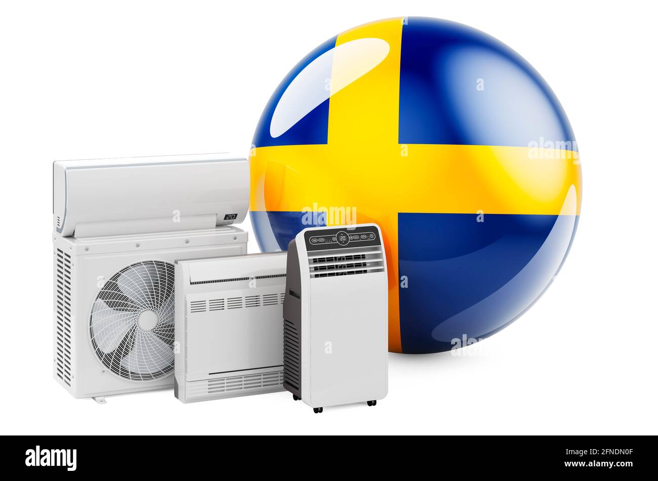 Bandiera svedese con dispositivi elettrici per il raffreddamento e il clima. Produzione, commercio e servizio di condizionatori d'aria in Svezia, rendering 3D isolato su WI Foto Stock