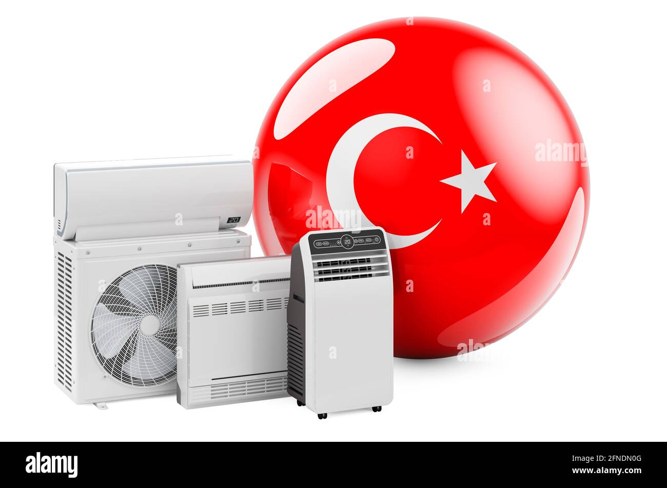 Bandiera turca con dispositivi elettrici per il raffreddamento e il clima. Produzione, commercio e servizio di condizionatori d'aria in Turchia, rendering 3D isolato su WI Foto Stock