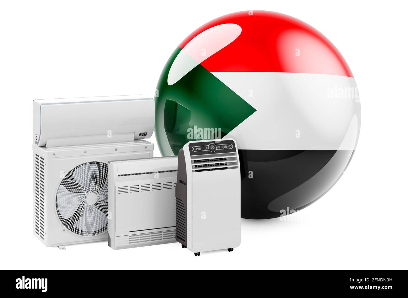 Bandiera sudanese con dispositivi elettrici per il raffreddamento e il clima. Produzione, commercio e servizio di condizionatori d'aria in Sudan, rendering 3D isolato su WI Foto Stock