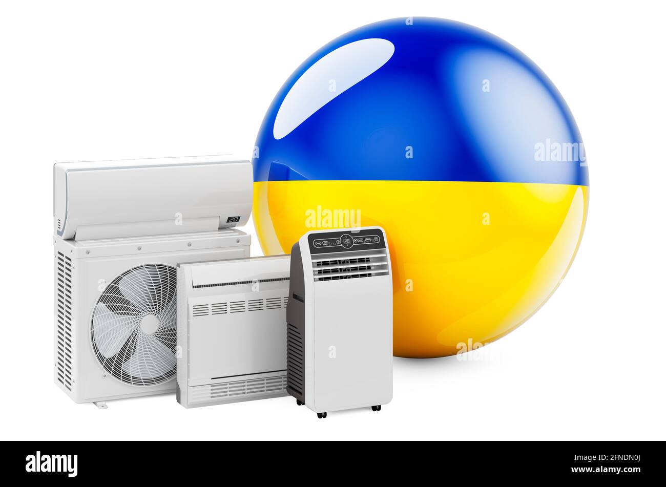 Bandiera Ucraina con dispositivi elettrici per il raffreddamento e il clima. Produzione, commercio e servizio di condizionatori d'aria in Ucraina, rendering 3D isolato su Foto Stock
