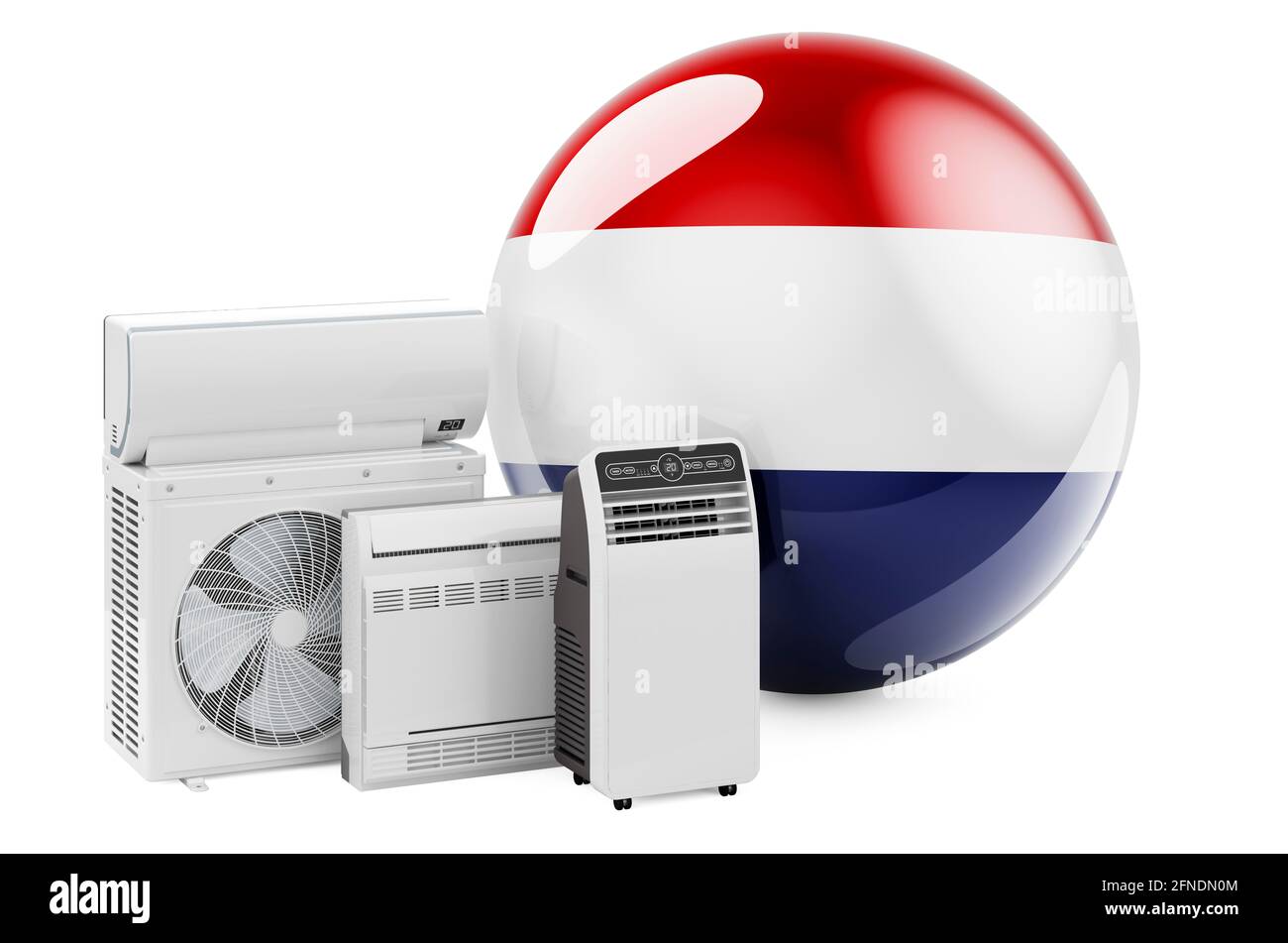 Bandiera dei Paesi Bassi con dispositivi elettrici di raffreddamento e climatizzazione. Produzione, commercio e servizio di condizionatori d'aria nei Paesi Bassi, renderin 3D Foto Stock