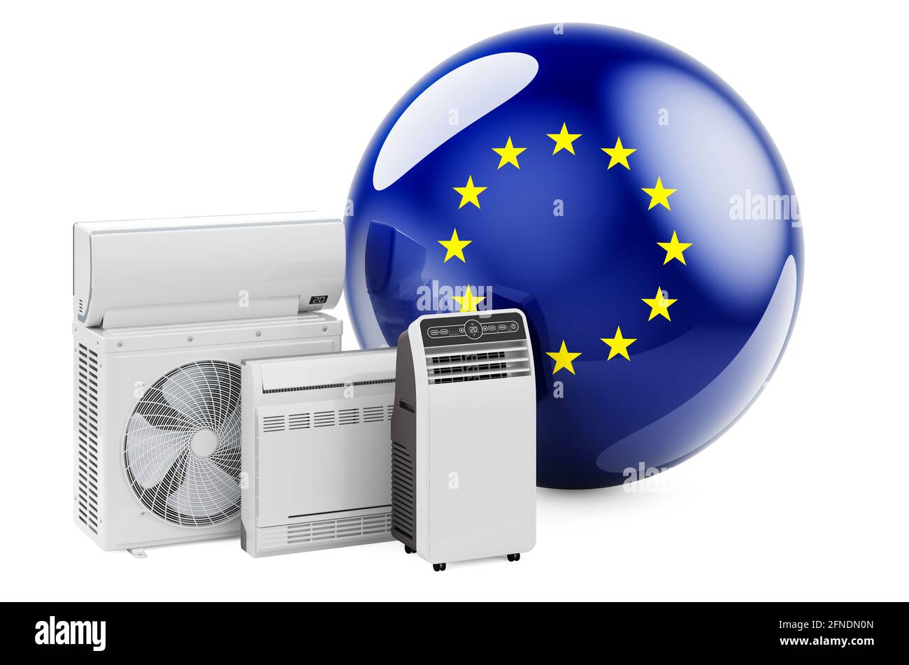 Bandiera dell'UE con dispositivi elettrici per il raffreddamento e il clima. Produzione, commercio e servizio di condizionatori d'aria nell'Unione europea, 3D rendering isol Foto Stock