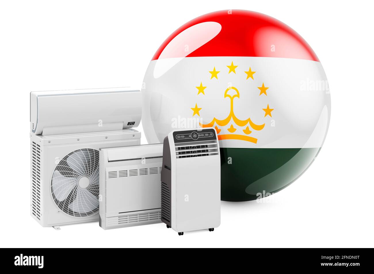 Bandiera Tajik con dispositivi elettrici per il raffreddamento e il clima. Produzione, commercio e servizio di condizionatori d'aria in Tagikistan, rendering 3D isolato su w Foto Stock
