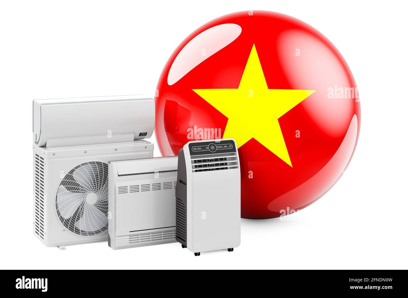 Bandiera vietnamita con dispositivi elettrici per il raffreddamento e il clima. Produzione, commercio e servizio di condizionatori d'aria in Vietnam, rendering 3D isolato su Foto Stock