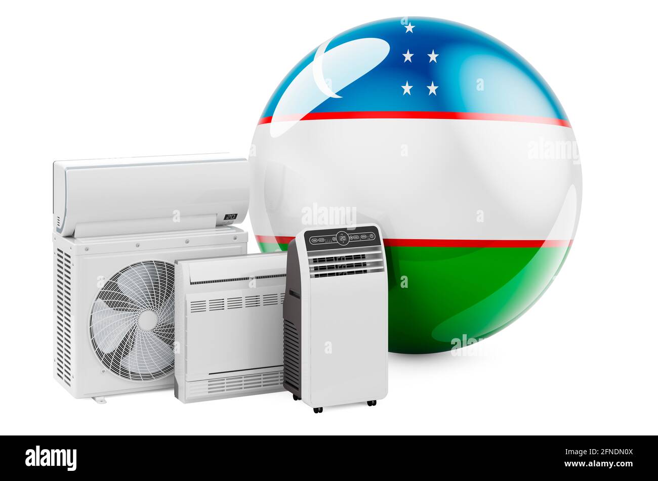 Bandiera uzbeka con dispositivi elettrici per il raffreddamento e il clima. Produzione, commercio e servizio di condizionatori d'aria in Uzbekistan, rendering 3D isolato su w Foto Stock