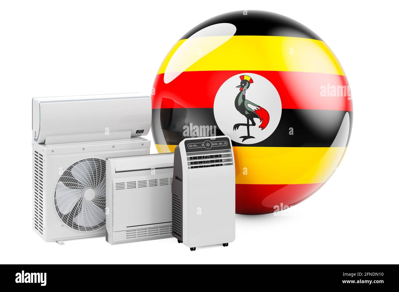 Bandiera ugandese con dispositivi elettrici per il raffreddamento e il clima. Produzione, commercio e servizio di condizionatori d'aria in Uganda, rendering 3D isolato su WI Foto Stock