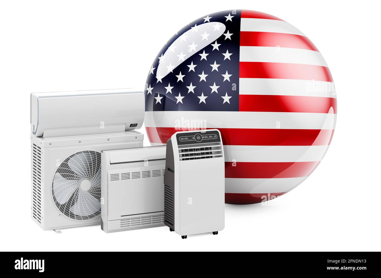 Bandiera degli Stati Uniti con dispositivi elettrici di raffreddamento e climatizzazione. Produzione, commercio e servizio di condizionatori d'aria negli Stati Uniti, 3D rendering isol Foto Stock