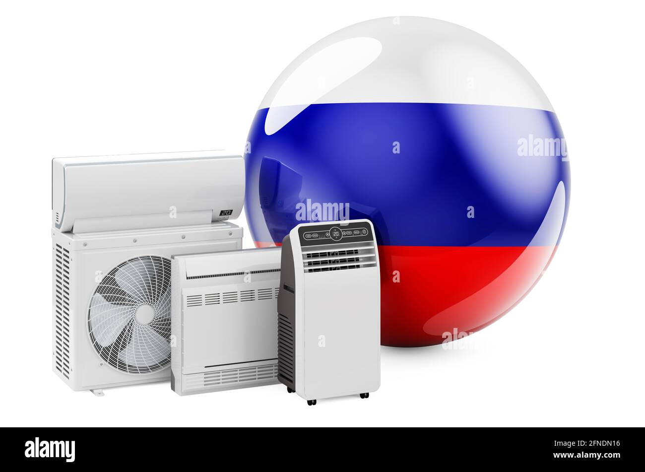 Bandiera russa con dispositivi elettrici per il raffreddamento e il clima. Produzione, commercio e servizio di condizionatori d'aria in Russia, rendering 3D isolato su WI Foto Stock