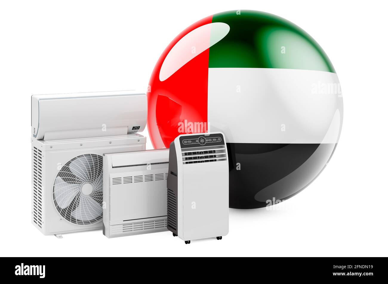 Bandiera degli Emirati Arabi Uniti con dispositivi elettrici per il raffreddamento e il clima. Produzione, commercio e servizio di condizionatori d'aria negli Emirati Arabi Uniti, 3D renderi Foto Stock