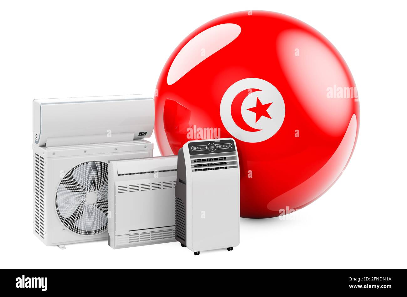Bandiera tunisina con dispositivi elettrici di raffreddamento e climatizzazione. Produzione, commercio e servizio di condizionatori d'aria in Tunisia, rendering 3D isolato su w Foto Stock