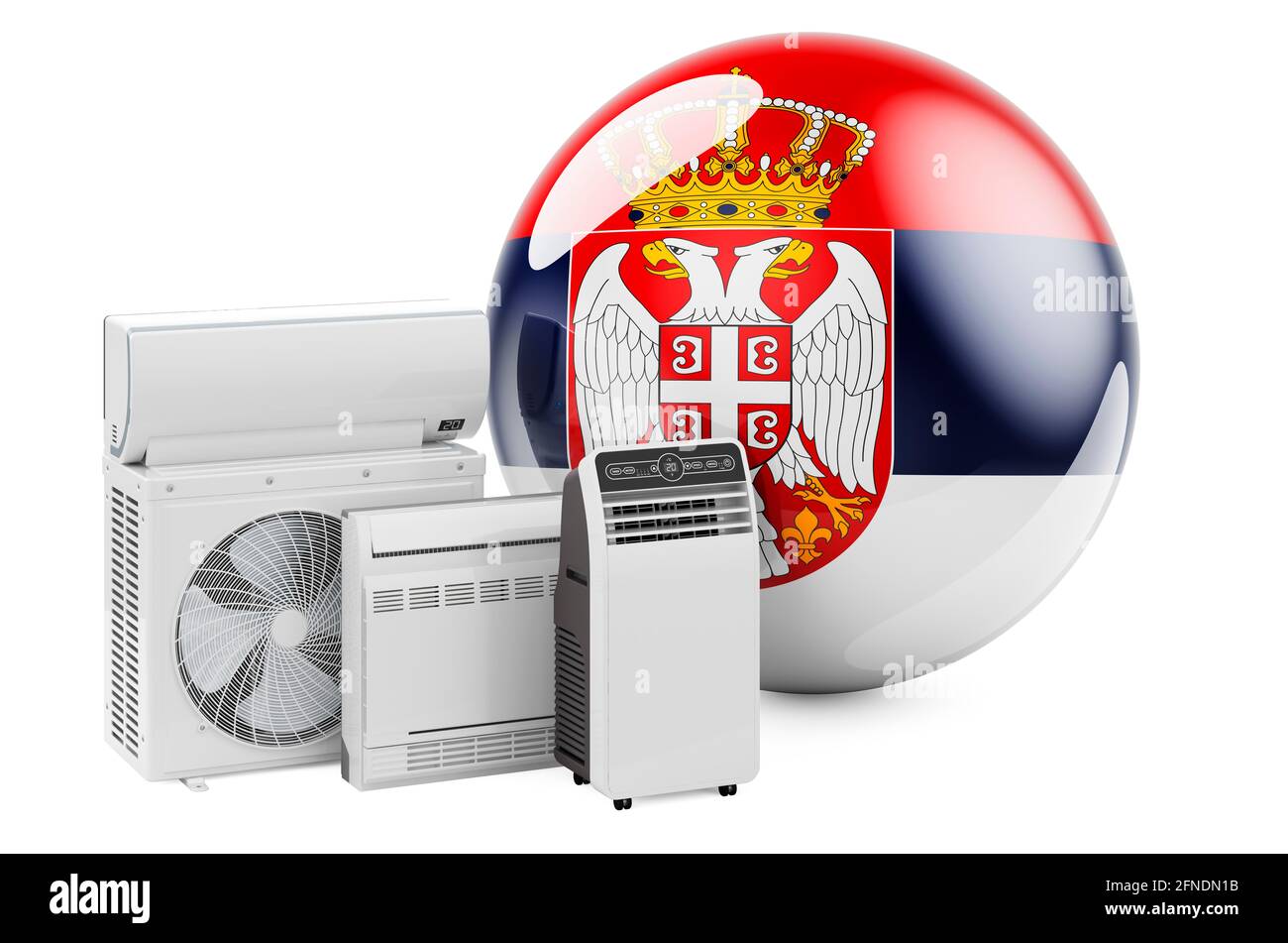Bandiera serba con dispositivi elettrici per il raffreddamento e il clima. Produzione, commercio e servizio di condizionatori d'aria in Serbia, rendering 3D isolato su WI Foto Stock