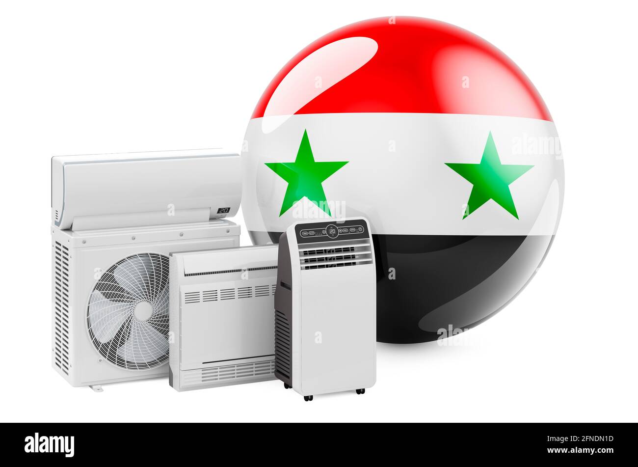Bandiera siriana con dispositivi elettrici per il raffreddamento e il clima. Produzione, commercio e servizio di condizionatori d'aria in Siria, rendering 3D isolato su bianco Foto Stock