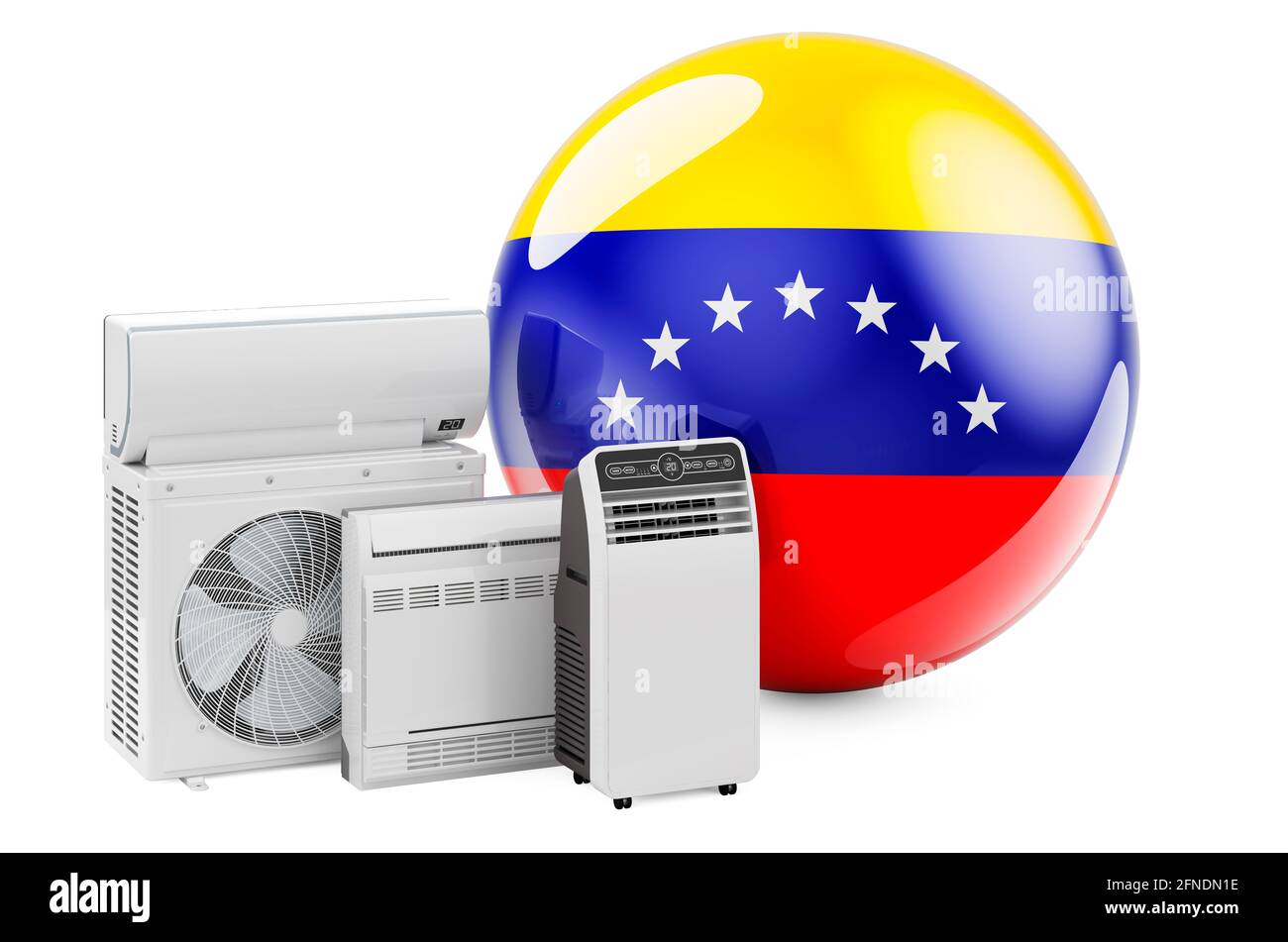 Bandiera venezuelana con dispositivi elettrici per il raffreddamento e il clima. Produzione, commercio e servizio di condizionatori d'aria in Venezuela, rendering 3D isolato Foto Stock