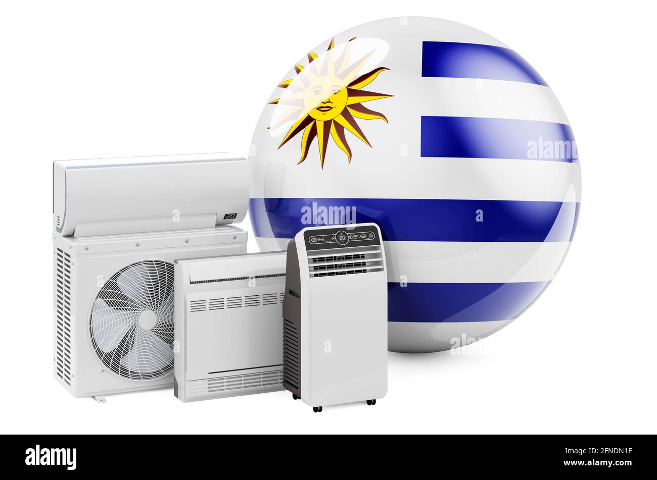 Bandiera uruguaiana con dispositivi elettrici di raffreddamento e climatizzazione. Produzione, commercio e servizio di condizionatori d'aria in Uruguay, rendering 3D isolato su Foto Stock