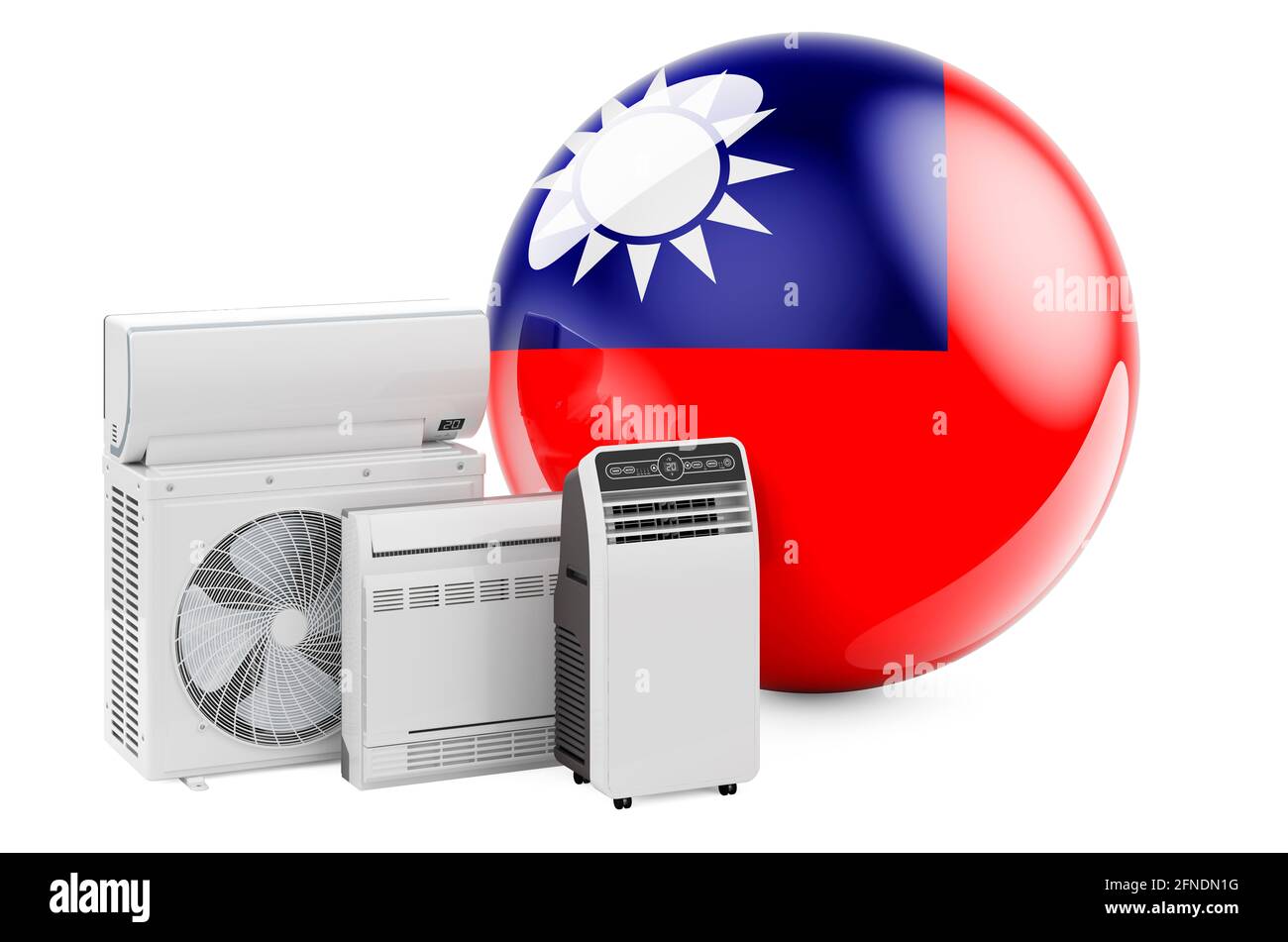 Bandiera taiwanese con dispositivi elettrici per il raffreddamento e il clima. Produzione, commercio e servizio di condizionatori d'aria a Taiwan, rendering 3D isolato su w Foto Stock