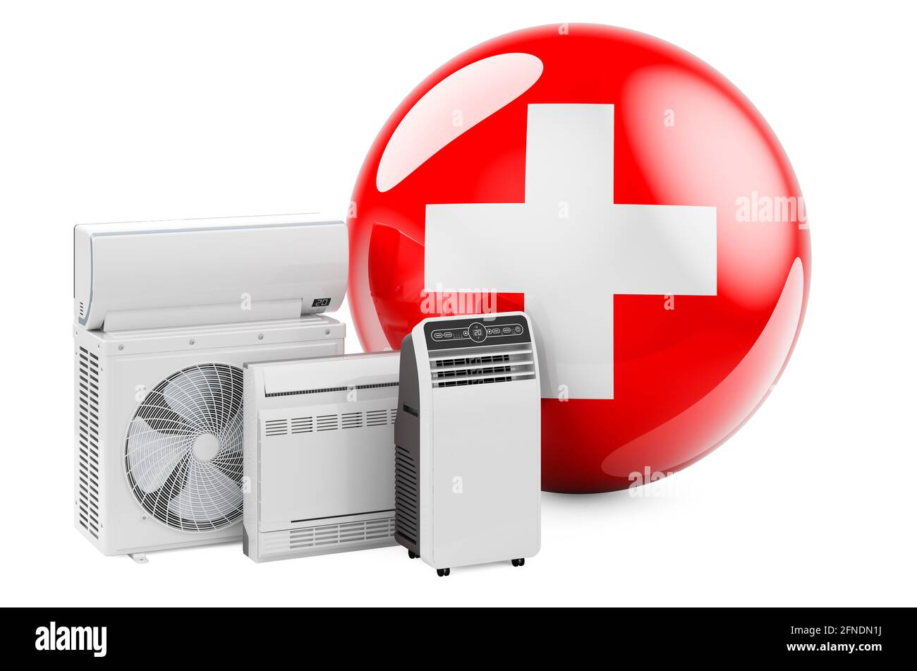 Bandiera svizzera con dispositivi elettrici per il raffreddamento e il clima. Produzione, commercio e servizio di condizionatori d'aria in Svizzera, rendering 3D isolato su Foto Stock