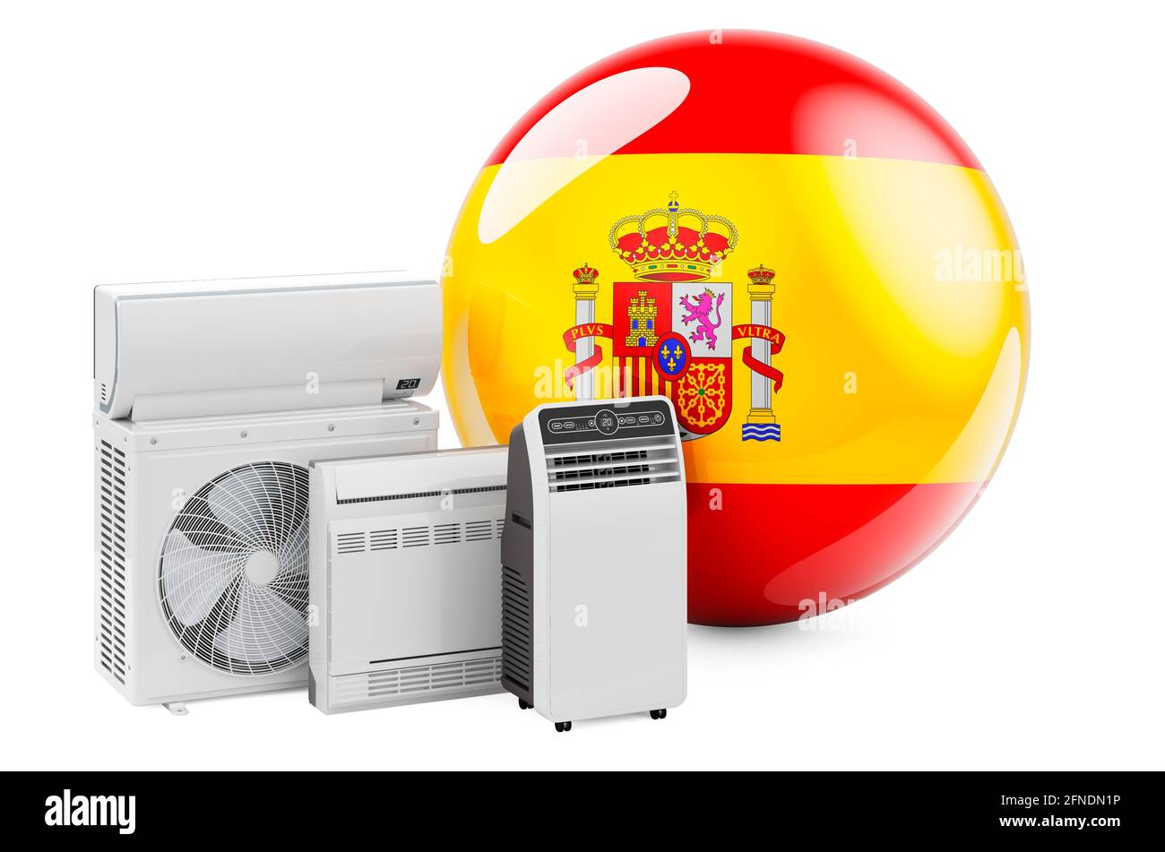 Bandiera spagnola con dispositivi elettrici per il raffreddamento e il clima. Produzione, commercio e servizio di condizionatori d'aria in Spagna, rendering 3D isolato su whit Foto Stock