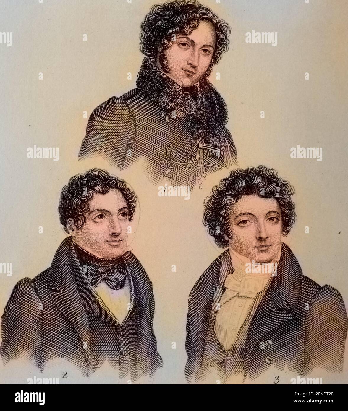 Ritratti incisi di musicisti famosi, Giovanni Battista Rubini, Gaetano Donizetti e Luigi Lablache, dal libro 'il mondo della moda e dei feuilletons continentali', 1824. Archivio Internet di cortesia. Nota: L'immagine è stata colorata digitalmente utilizzando un processo moderno. I colori potrebbero non essere precisi. () Foto Stock