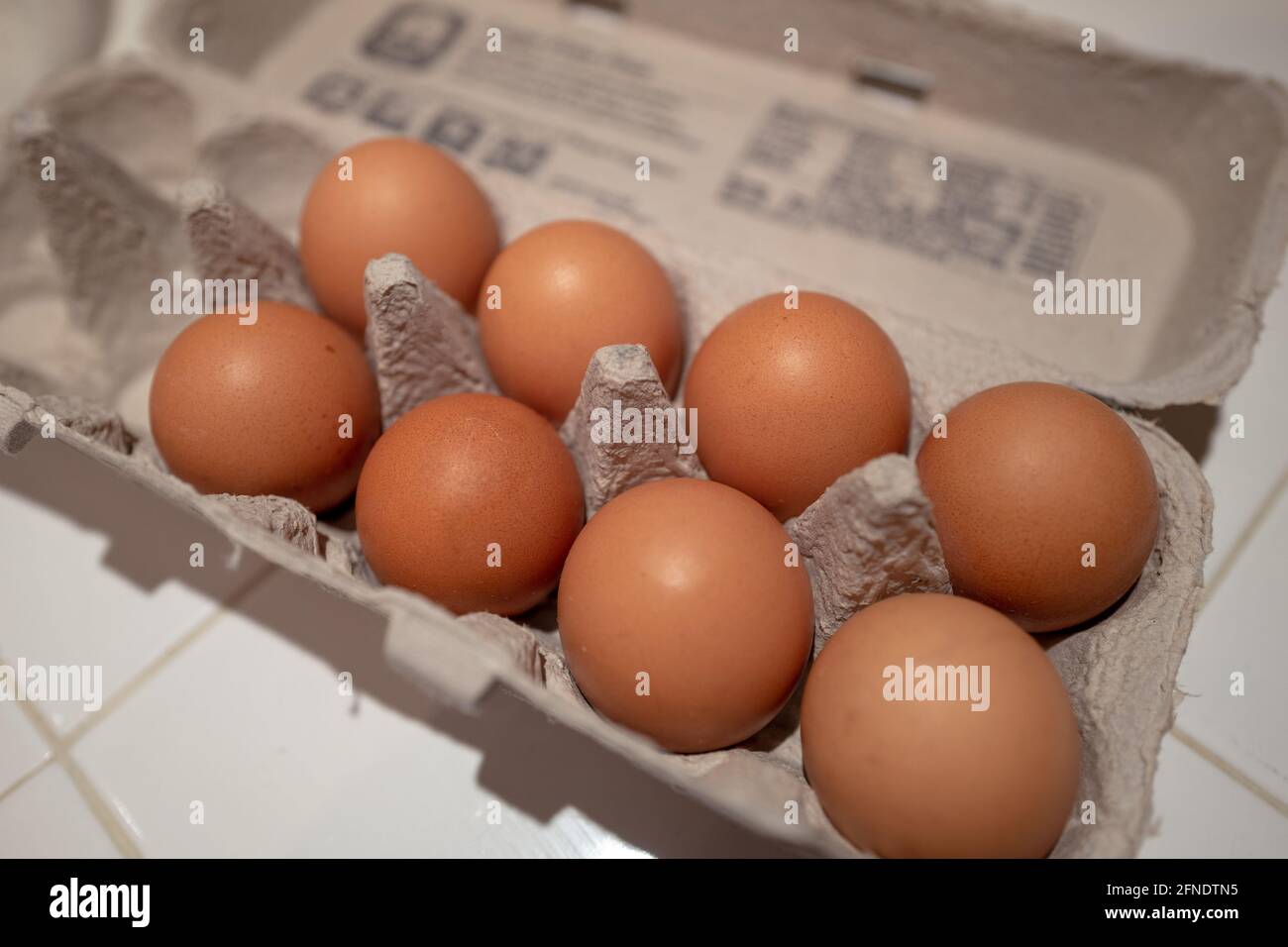 Primo piano di otto uova in un cartone di uova seduto su un banco da cucina a Lafayette, California, 15 gennaio 2021. () Foto Stock