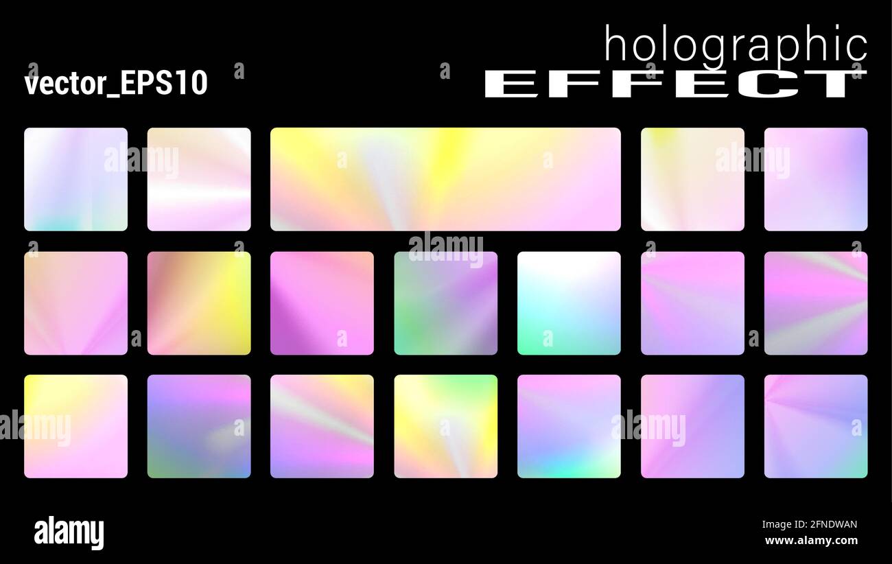 Collezione di texture con glitter olografica, sfondi trendy con effetto metallizzato ultravioletto. Set di texture olografiche per poster, adesivi Illustrazione Vettoriale